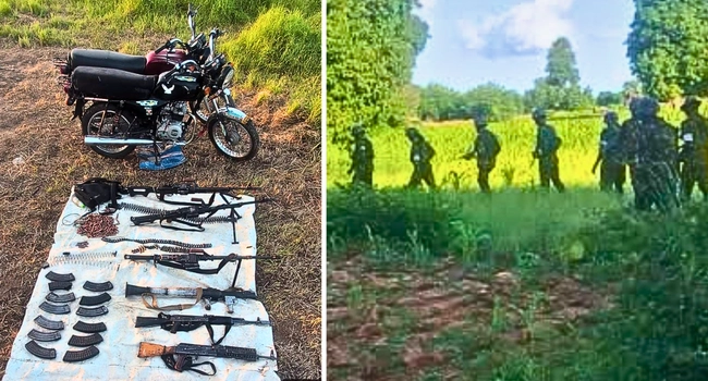 Nigerian Army troops and recovered weapons, ammunition and motorcycles following counter-terrorism operations in Katsina State.