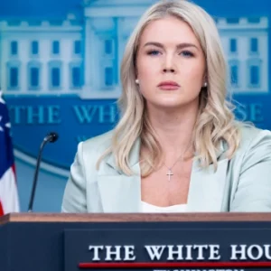 Karoline Leavitt speaking during a White House press briefing in Washington, DC.