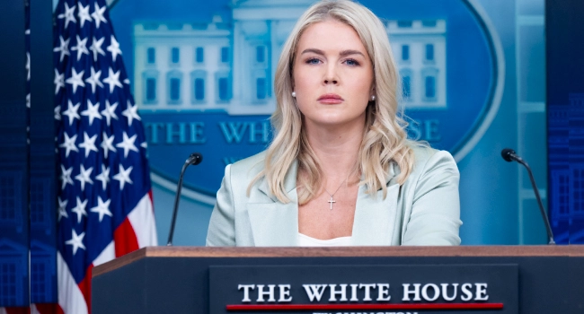 Karoline Leavitt speaking during a White House press briefing in Washington, DC.