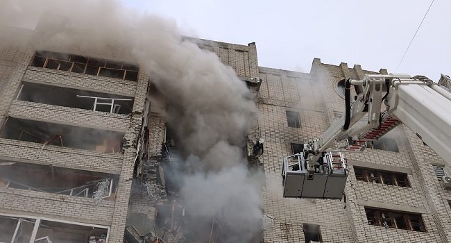 Firefighters respond to a damaged oil facility after a Ukrainian drone strike in Nizhnekamsk, Russia.