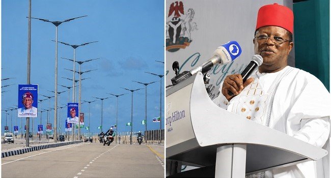 Minister of Works Dave Umahi speaking during the flag-off of the Ibadan-Ijebu-Ode road project.