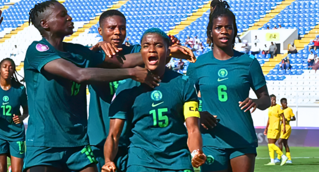 Nigeria's Super Falcons celebrate after scoring during a crucial WAFCON 2026 Group C match as they prepare for a decisive clash against Egypt.