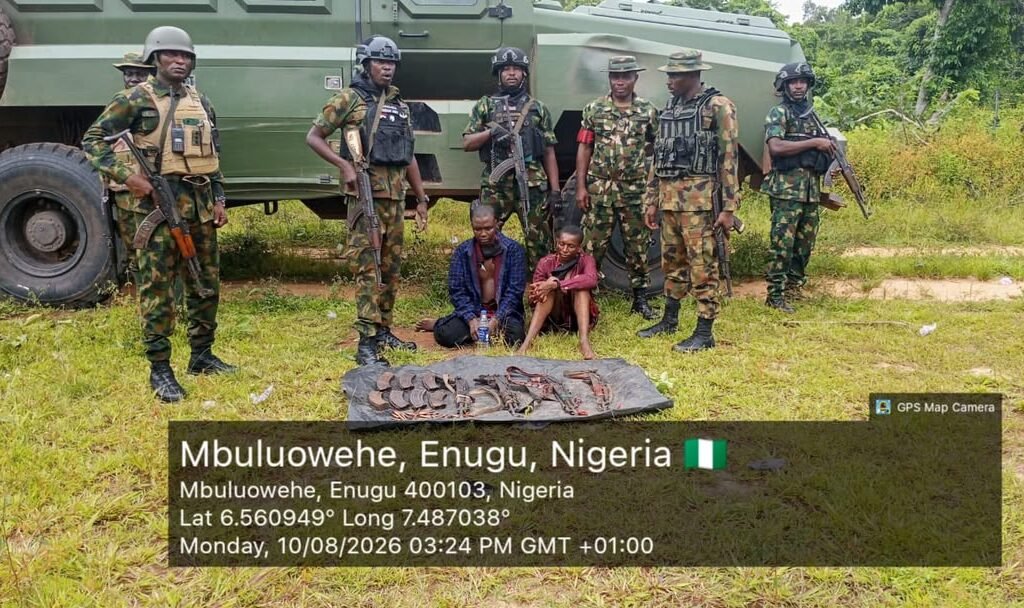 Nigerian Army troops recover AK-47 rifles, magazines and ammunition from a suspected kidnappers’ hideout in an Enugu forest.