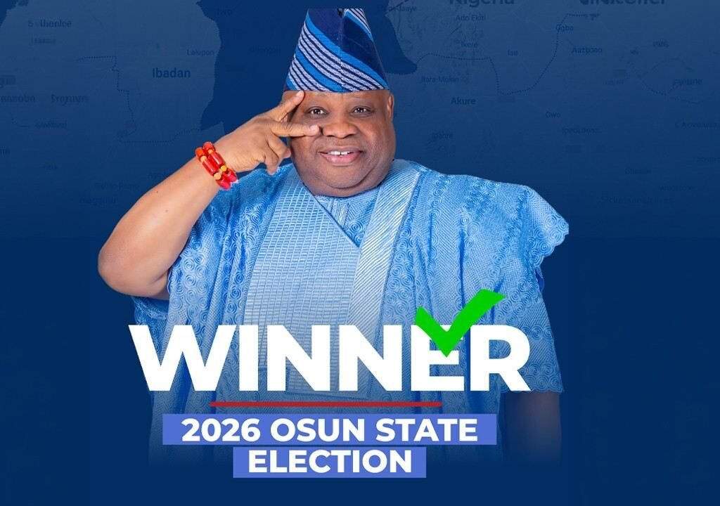Ademola Adeleke celebrating after being declared winner of the 2026 Osun governorship election.