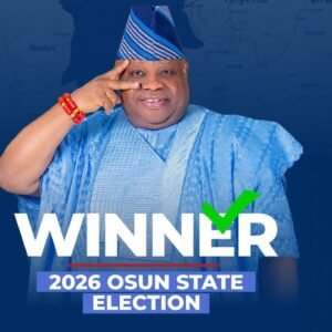 Ademola Adeleke celebrating after being declared winner of the 2026 Osun governorship election.