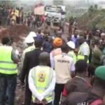 Workers commence repairs on the dilapidated Ifaki-Oye-Ilupeju Road in Ekiti State as stranded trailers wait along the route.