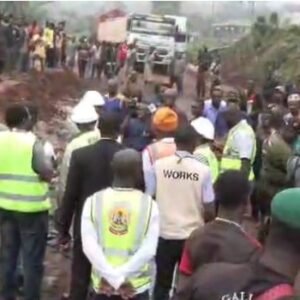 Workers commence repairs on the dilapidated Ifaki-Oye-Ilupeju Road in Ekiti State as stranded trailers wait along the route.