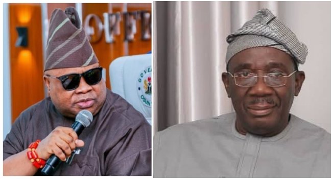 Senator Francis Fadahunsi and Osun State Governor Ademola Adeleke amid a dispute over a viral video ahead of the 2026 Osun governorship election.