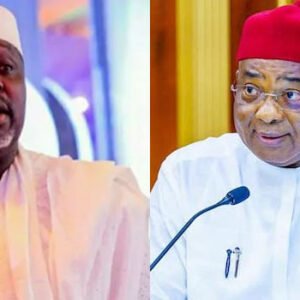Rochas Okorocha and Hope Uzodimma in a photo combination amid a dispute over the APC’s 2027 Imo West senatorial candidacy.