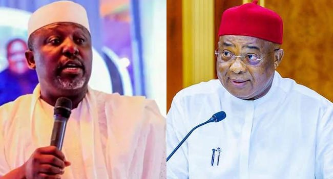 Rochas Okorocha and Hope Uzodimma in a photo combination amid a dispute over the APC’s 2027 Imo West senatorial candidacy.