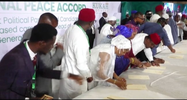 Peter Obi, Omoyele Sowore and other political candidates signing the National Peace Accord ahead of Nigeria’s 2027 elections in Abuja.