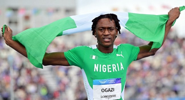 Samuel Ogazi celebrates after winning Nigeria's historic men's 400m gold medal at the 2026 Commonwealth Games in Glasgow.