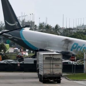 Amazon Prime Air Boeing 767 cargo plane after crashing at Miami International Airport.