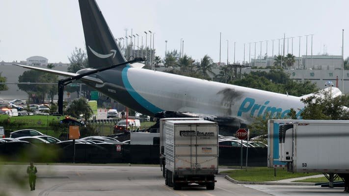 Amazon Prime Air Boeing 767 cargo plane after crashing at Miami International Airport.