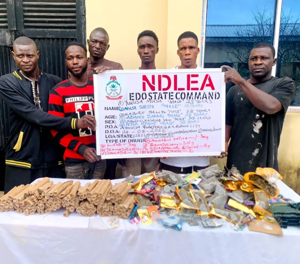 NDLEA officers with suspected drug trafficking suspects and seized narcotics in Edo State