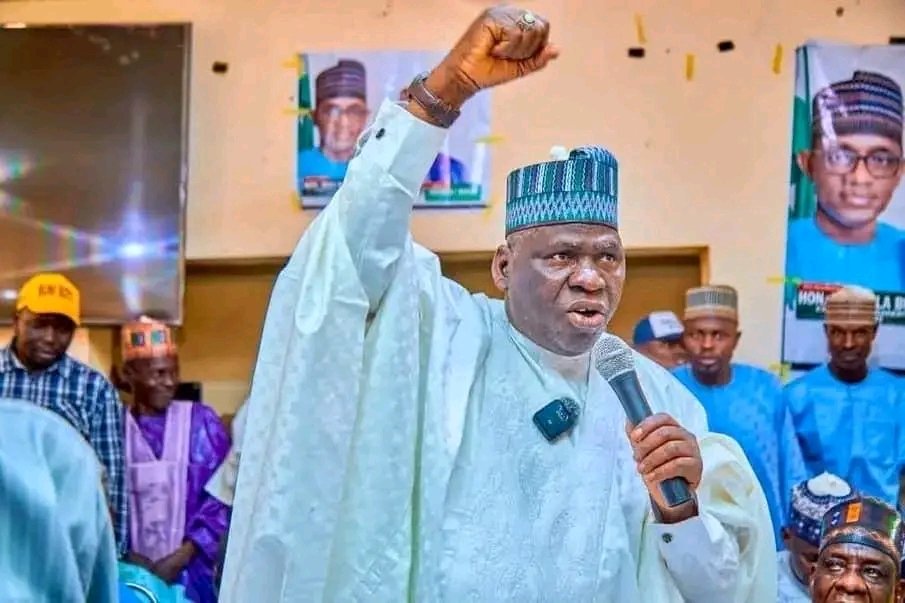 Yobe APC Chairman Muhammad Gadaka speaking at an APC campaign rally in Nangere.