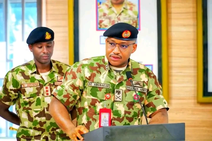 Major General Abubakar Abdulsalam, outgoing Theatre Commander of Operation Hadin Kai, addressing journalists in Maiduguri