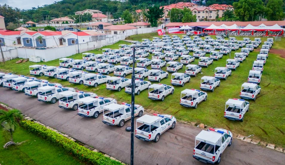 Ekiti Governor Biodun Oyebanji presenting 100 operational vehicles to security agencies in the state.