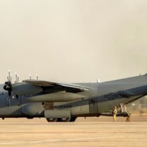 US Air Force C-130 Hercules military transport aircraft prepares to take off from Camp Victory near Baghdad International Airport.