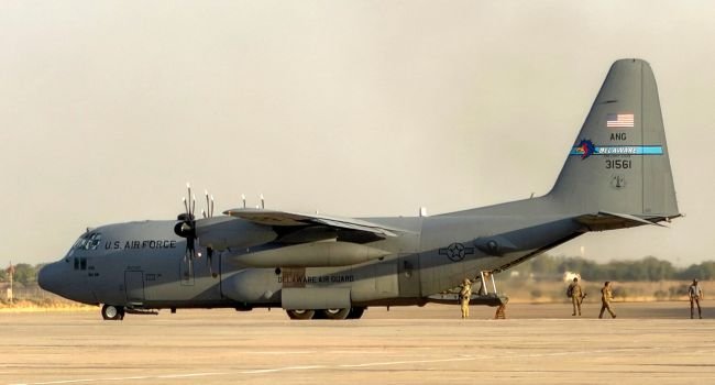 US Air Force C-130 Hercules military transport aircraft prepares to take off from Camp Victory near Baghdad International Airport.
