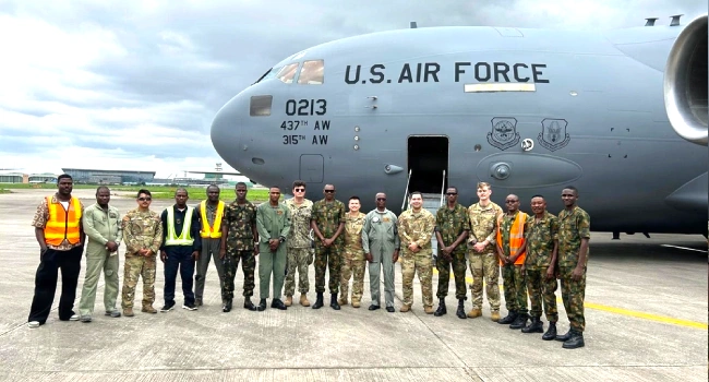 US Air Force C-17 Globemaster III delivering military equipment to the Nigerian Air Force in Lagos and Kainji.