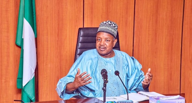 Minister of Budget and Economic Planning Abubakar Bagudu speaking at a Senate Press Corps workshop in Abuja.