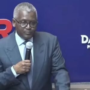 Aliko Dangote speaking at the Dangote Refinery IPO ceremony on the NGX trading floor in Lagos on September 14, 2026.