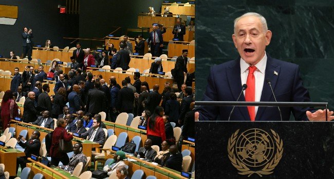 Delegates walk out as Israeli Prime Minister Benjamin Netanyahu addresses the 81st United Nations General Assembly in New York.