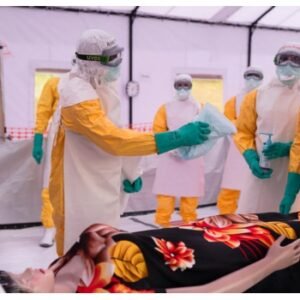 Health workers in protective equipment during Ebola response training in the Democratic Republic of Congo.