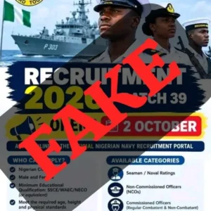 Nigerian Navy warns Nigerians against fake Batch 39 recruitment noticeI’ve kept the wording cautious because online sources are currently carrying conflicting claims about Batch 39, while the report you supplied specifically says the circulating notice is unauthorised.