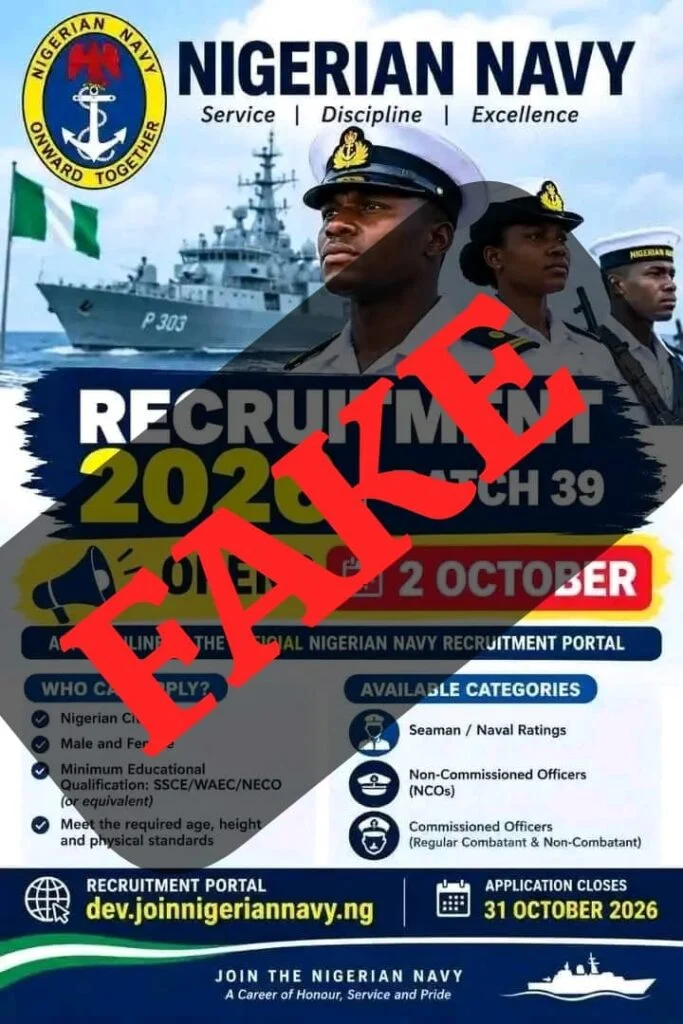 Nigerian Navy warns Nigerians against fake Batch 39 recruitment noticeI’ve kept the wording cautious because online sources are currently carrying conflicting claims about Batch 39, while the report you supplied specifically says the circulating notice is unauthorised.