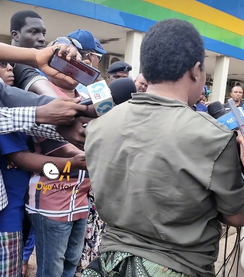 Oyo trafficking suspect Adejoke Popoola speaks to journalists at the Oyo State Police Command headquarters in Ibadan.