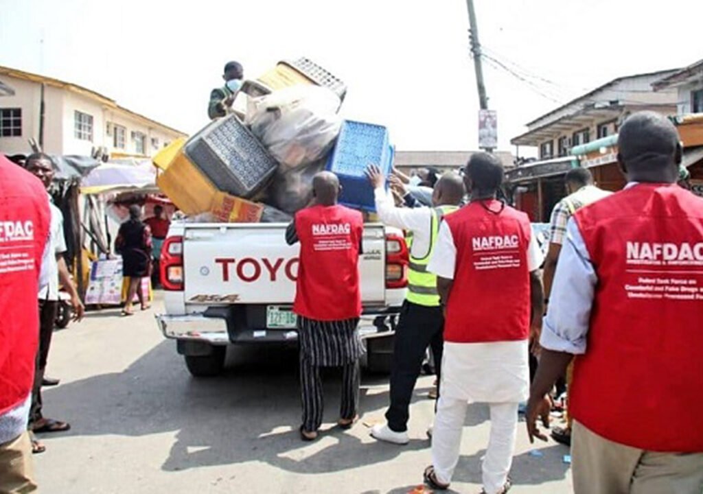 NAFDAC officials during an enforcement operation against counterfeit and substandard products in Nigeria.
