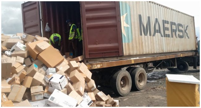 NAFDAC truck carrying expired donated medicines worth ₦59 million at Igwuruta dump site in Port Harcourt, Rivers State.
