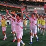 North Korean and South Korean women’s football players during their 1-1 Asian Games match in Shizuoka, Japan.