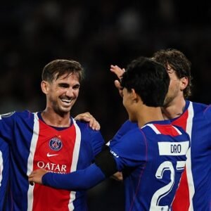 Ferran Torres celebrates after scoring for PSG during their Champions League match against Slovan Bratislava.