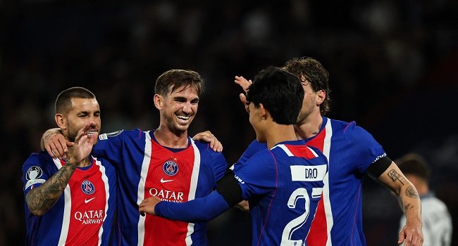 Ferran Torres celebrates after scoring for PSG during their Champions League match against Slovan Bratislava.