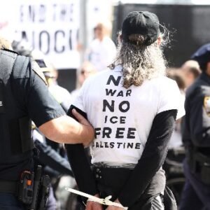 Susan Sarandon detained by NYPD officers during an anti-Netanyahu protest near the United Nations in New York.