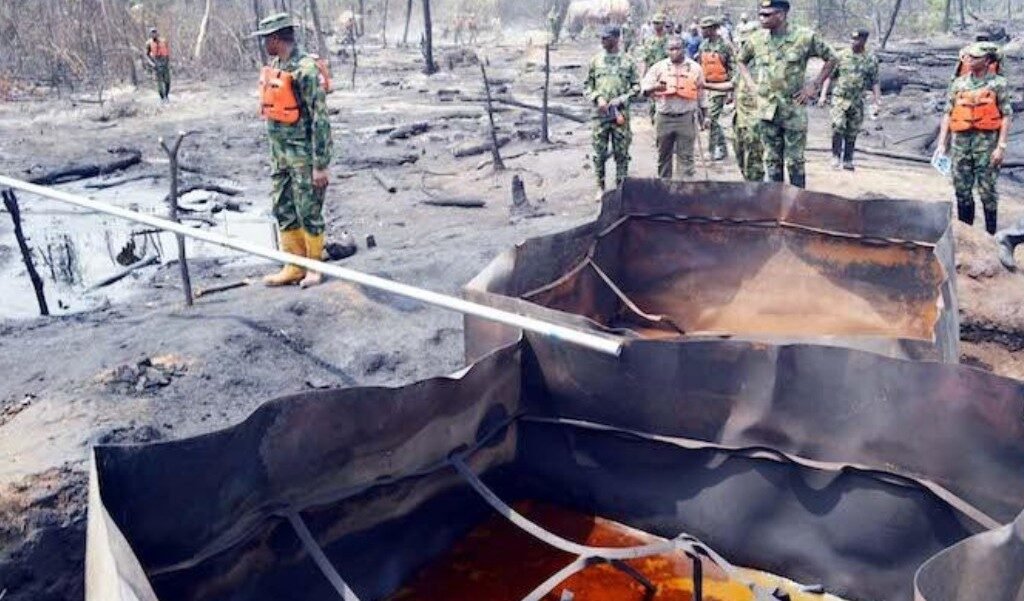 Nigerian Navy personnel conducting an operation against crude oil theft and illegal refining in the Niger Delta.