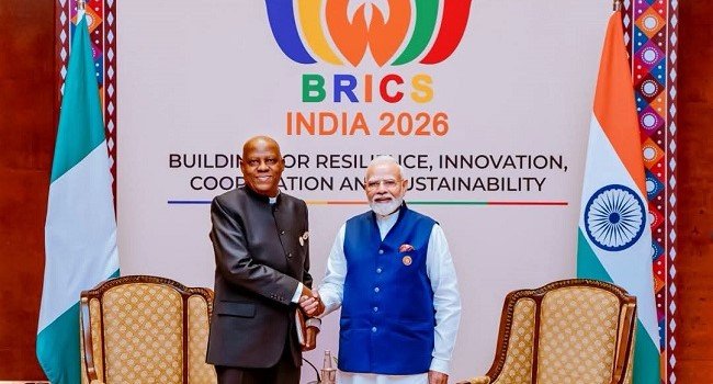 Vice President Kashim Shettima meeting Indian Prime Minister Narendra Modi during the BRICS Leaders’ Summit in New Delhi.