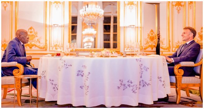 President Bola Tinubu and French President Emmanuel Macron during a private dinner at the Élysée Palace in Paris.