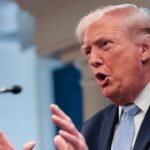 US President Donald Trump speaking about the Iran conflict at the White House.