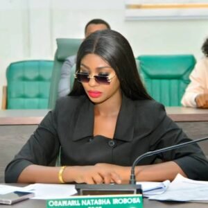 Natasha Osawaru Idibia speaking at her grandfather Gabriel Igbinedion’s 92nd birthday celebration in Benin City
