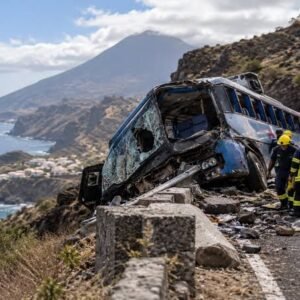 Rescue workers at the site of a fatal bus crash on Fogo Island, Cabo Verde, where 25 people were killed.