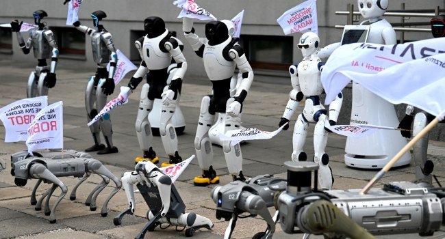 Humanoid and quadruped robots march through Warsaw during a protest calling for stronger artificial intelligence regulation.