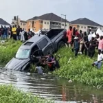 Damaged 2025 Toyota Tundra pickup recovered from a canal after an alleged theft attempt in Lagos.