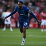 Chelsea captain Reece James celebrates during a Premier League match against Nottingham Forest at the City Ground in May 2025.