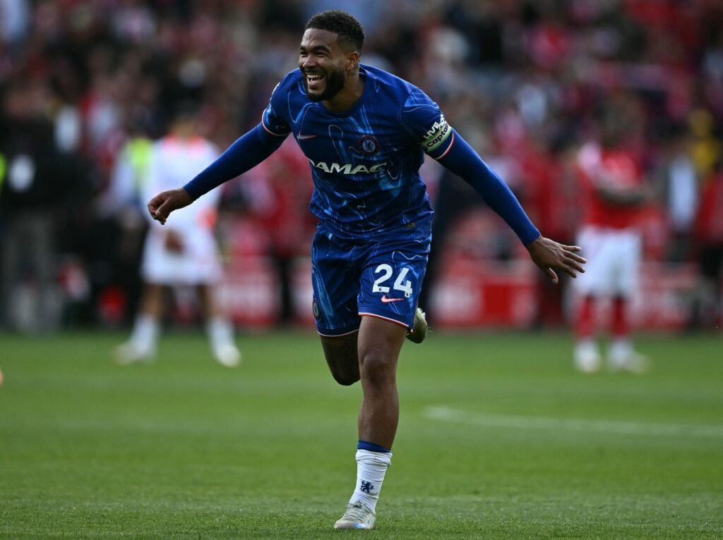 Chelsea captain Reece James celebrates during a Premier League match against Nottingham Forest at the City Ground in May 2025.