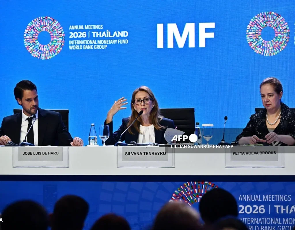 IMF officials attend the World Economic Outlook press briefing during the IMF and World Bank annual meetings in Bangkok, Thailand, on 13 October 2026.
