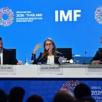 IMF officials attend the World Economic Outlook press briefing during the IMF and World Bank annual meetings in Bangkok, Thailand, on 13 October 2026.